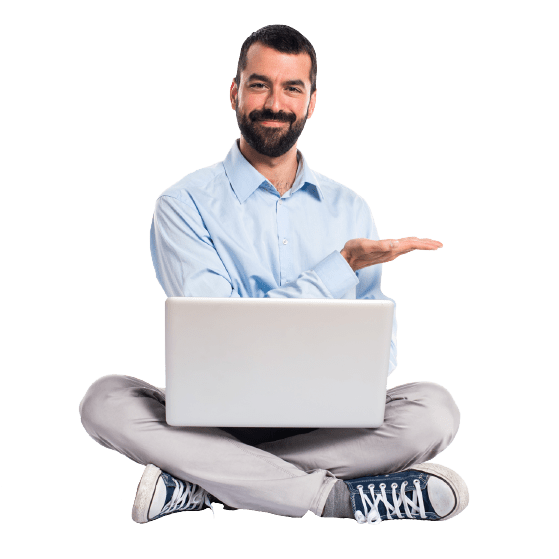 A sit man pointing to the right with a laptop |  About GB Advisors